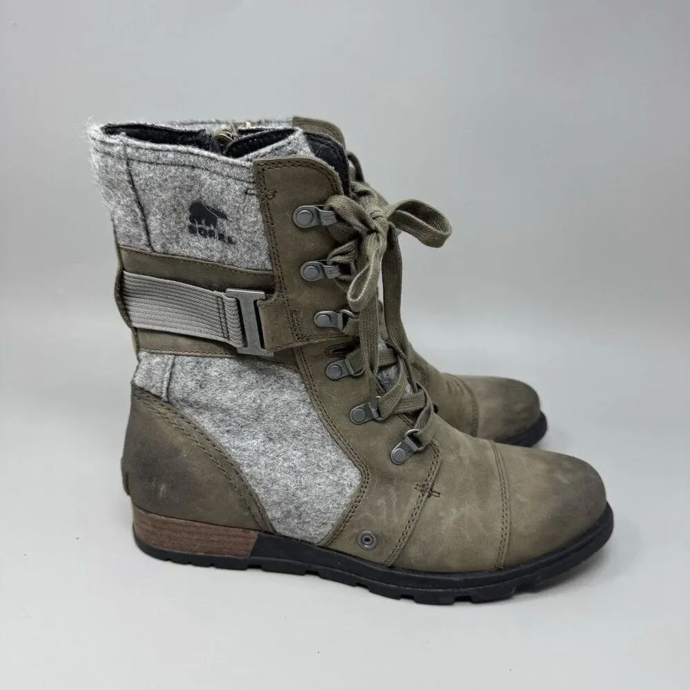 Sorel Major Carly Womens Size 9.5 Combat Canvas Leather Boots LL5323-245 Green